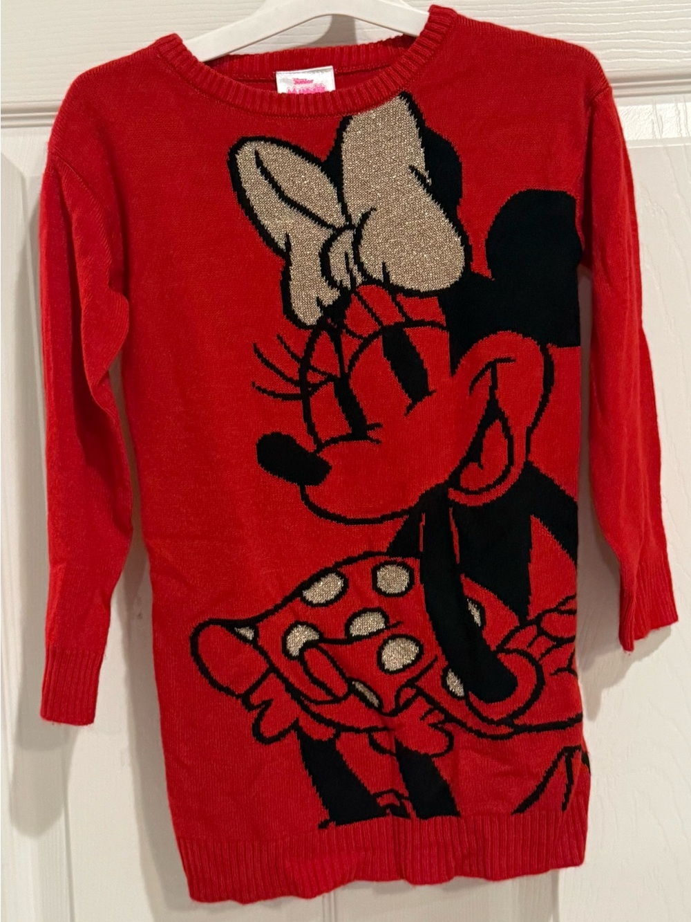Disney Jr Minnie Mouse Red Sweater Dress Girls 3T Gold Bow Polka Dot